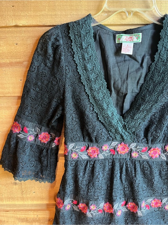 Flying Tomato Dresses & Skirts - FLYING TOMATO - Boho Black Lace Mini Dress with Pink Floral Embroidery